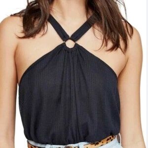 Free People Just A Fling Black O Ring Halter Ribbed Top